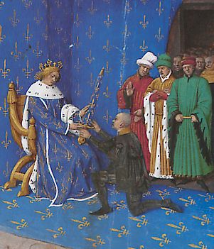 remise de l'épée de connétable à Bertrand du Guesclin - Enluminure de Jean Fouquet (XVe siècle) - Bibliothèque nationale de France